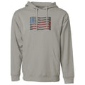 Gray hoodie with an American flag design on a white background