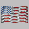 American flag design made with blue circles, red and white lines on a gray background