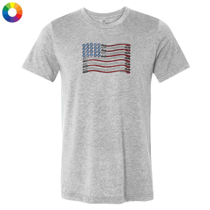 Gray t-shirt with an American flag design on a white background