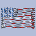 American flag design made with blue circles, red and white wrenches on a gray background