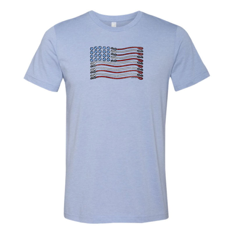 Light blue t-shirt with a graphic design on a white background
