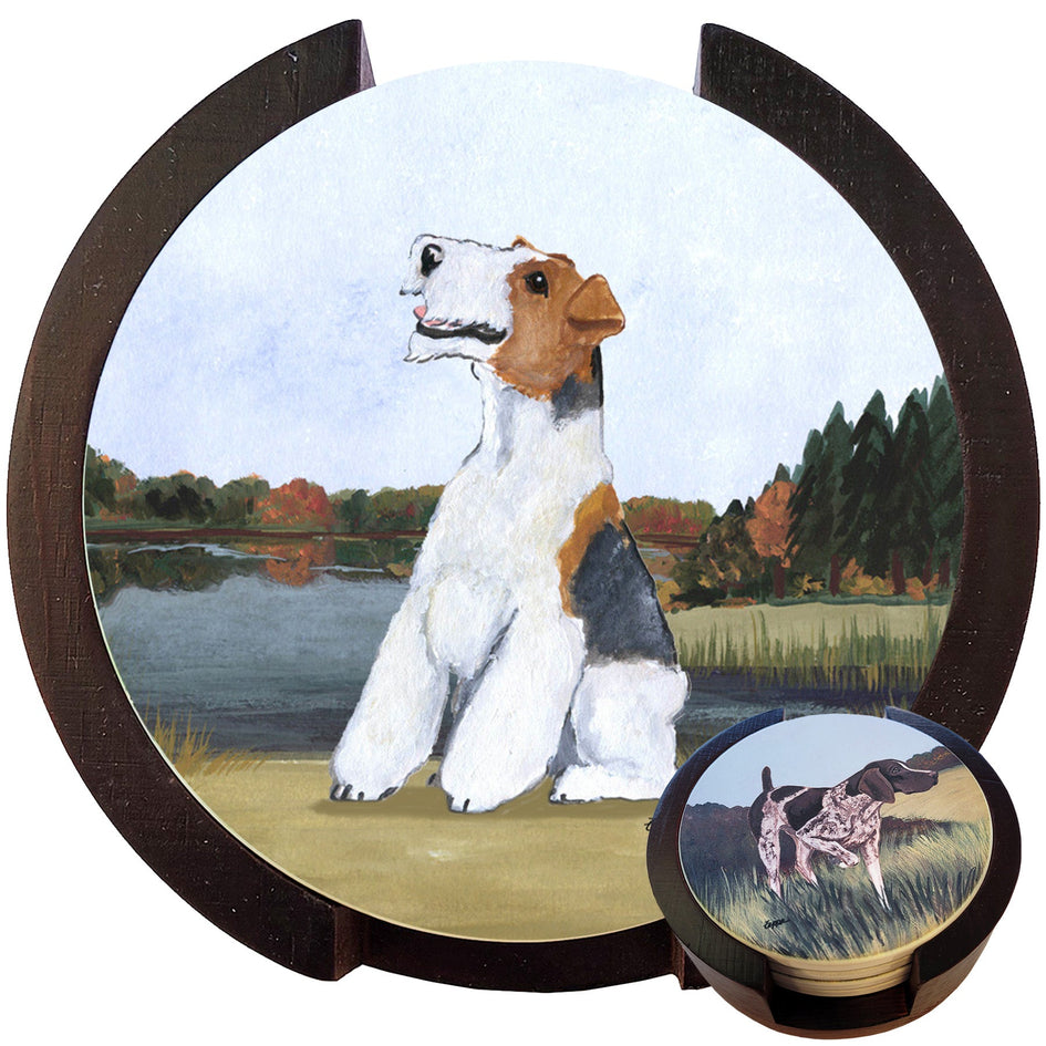 Wire Fox Terrier Scenic Bisque Coaster Set