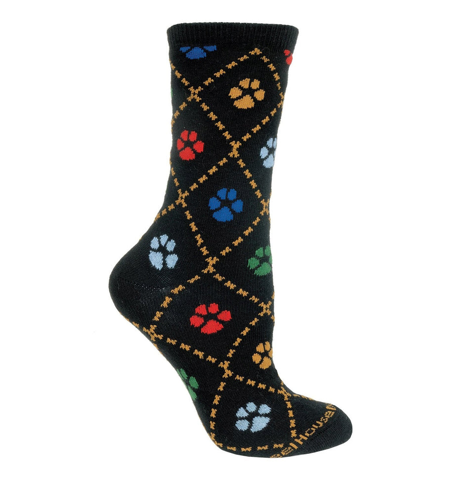 Animal Pride - Colorful Dog Paws on Black - Adult Cotton Crew Socks