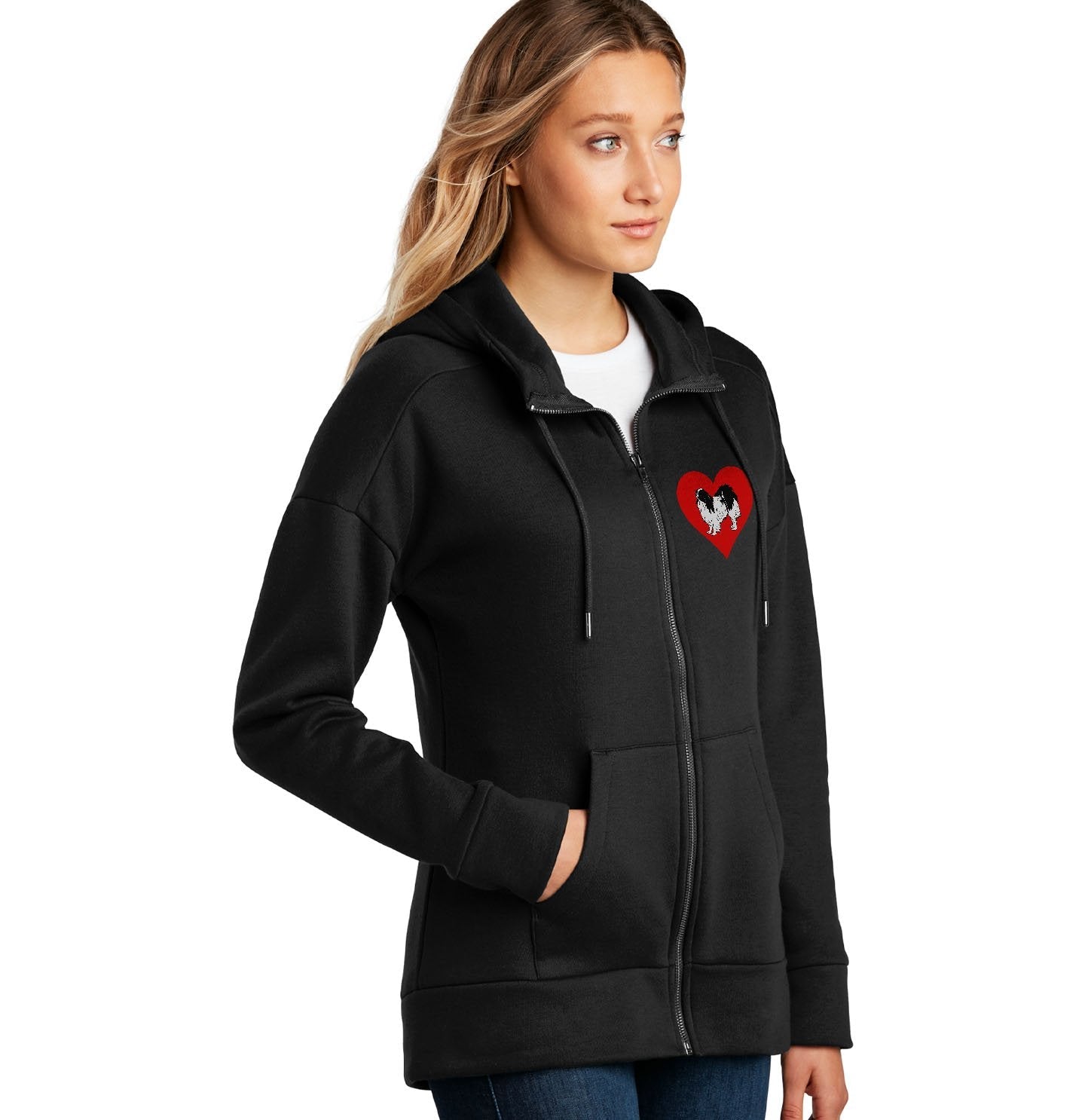 Japanese Chin on Heart Left Chest - Unisex Full-Zip Hoodie Sweatshirt