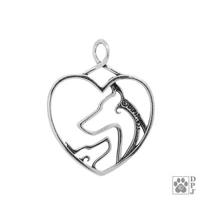 Sterling Silver Doberman Mom and Puppy Heart Pendant