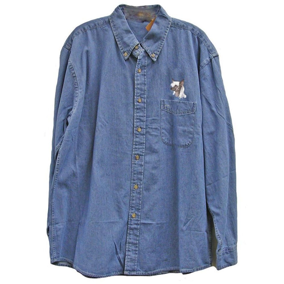 Chinese Crested Embroidered Mens Denim Shirts