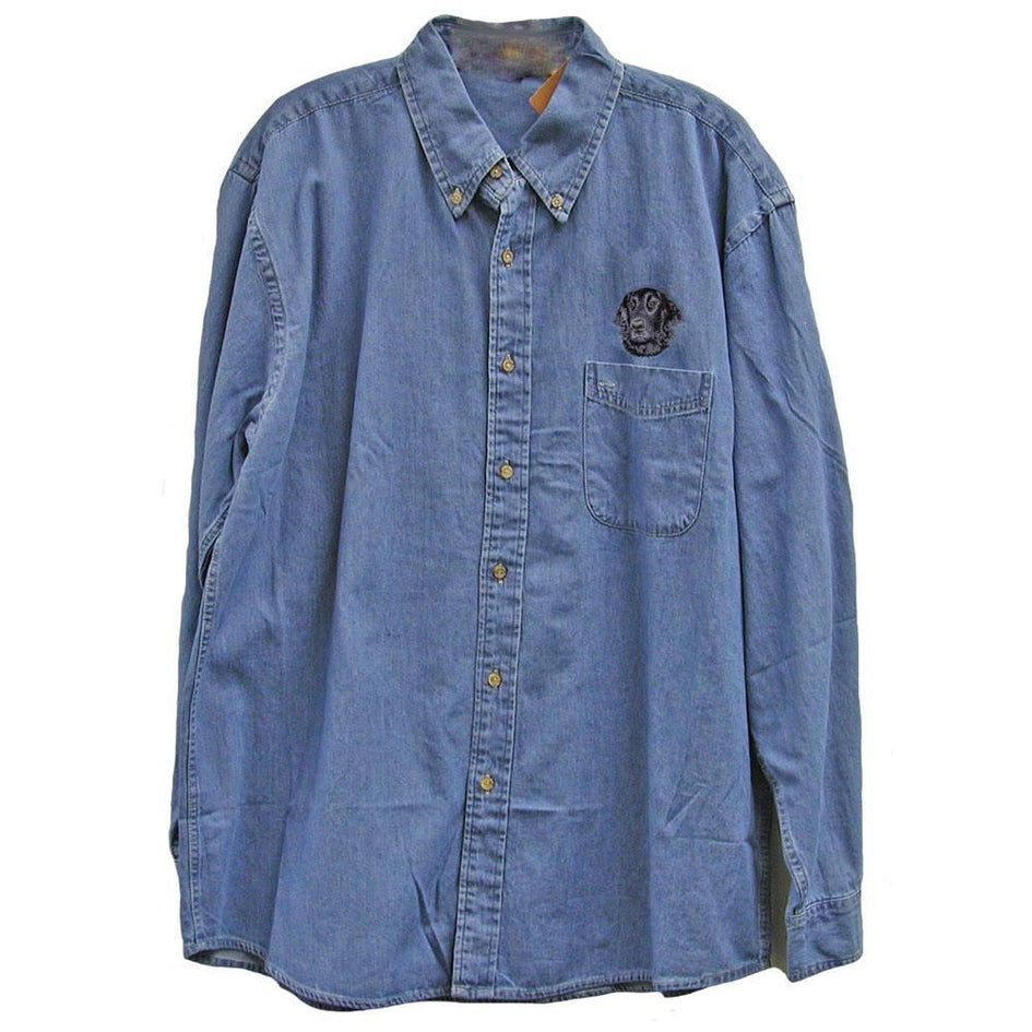 Flat Coated Retriever Embroidered Mens Denim Shirts