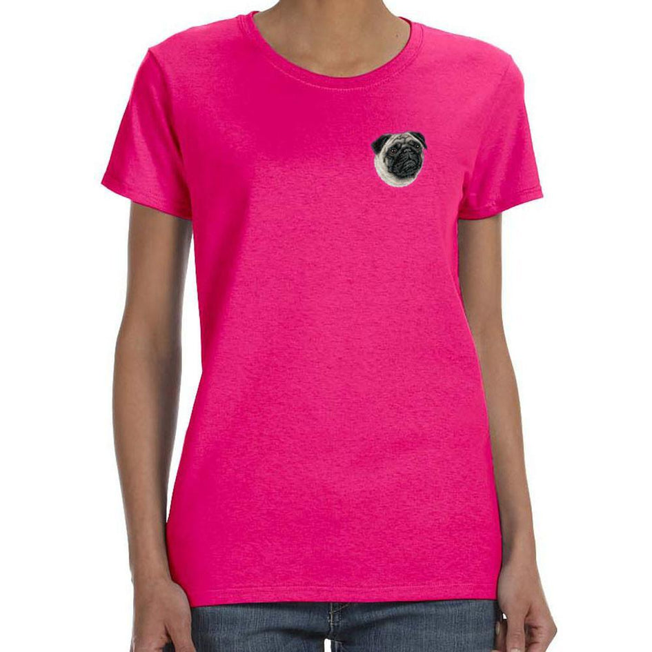 Embroidered Ladies T-Shirts Hot Pink 3X Large Pug D63