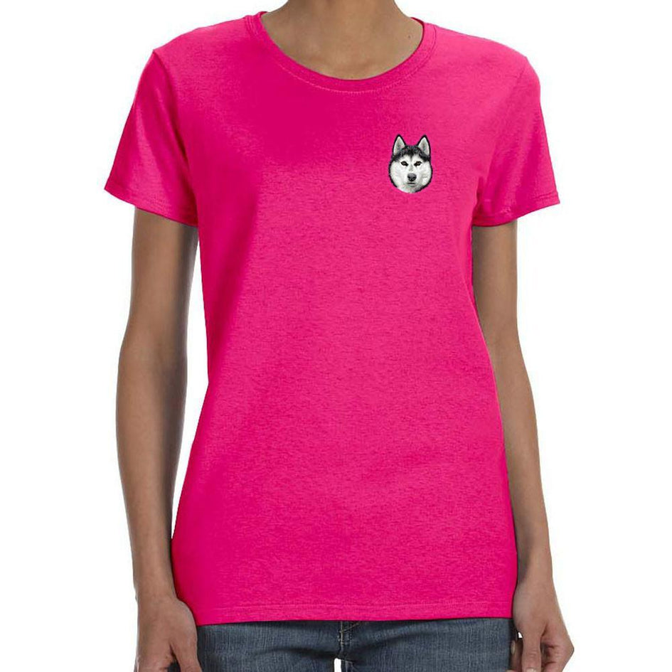 Embroidered Ladies T-Shirts Hot Pink 3X Large Siberian Husky D121