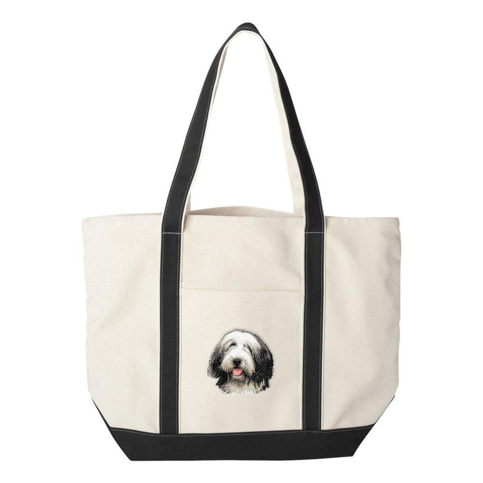 Embroidered Tote Bag Black  Bearded Collie D37