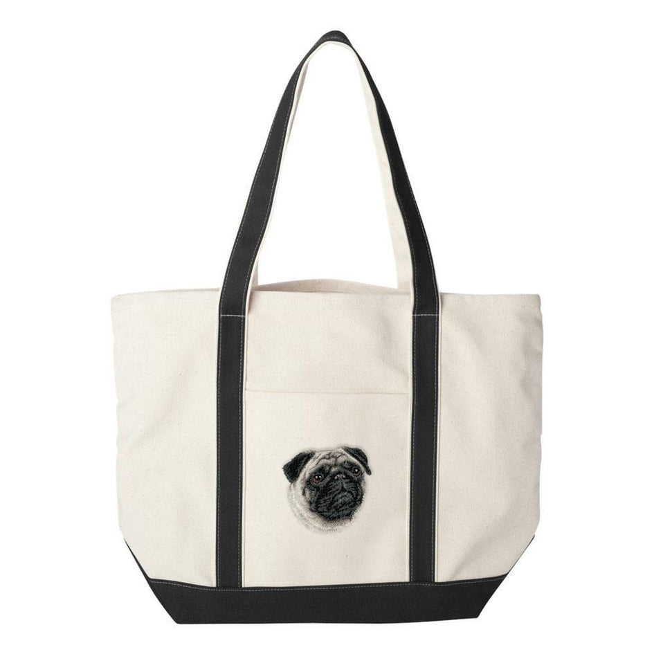 Embroidered Tote Bag Black  Pug D63