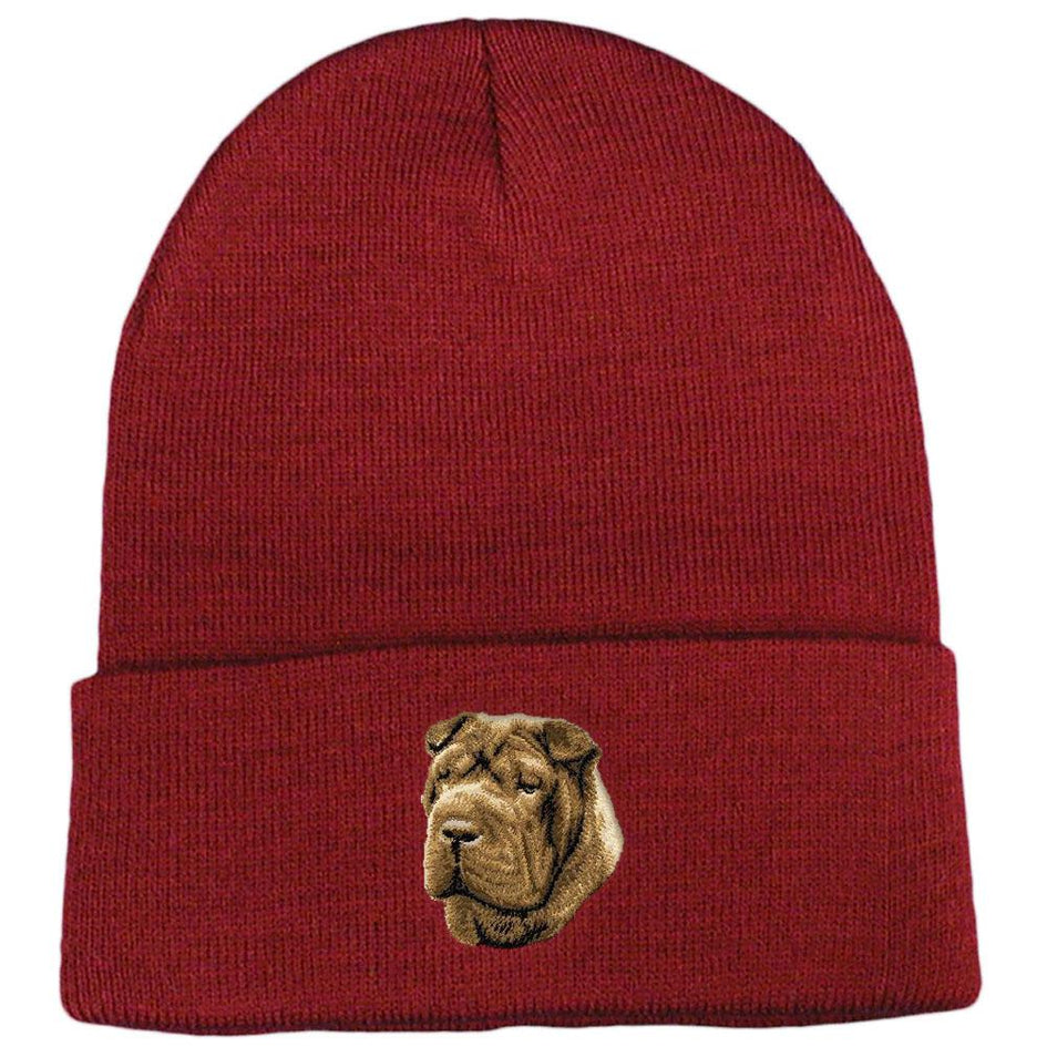 Embroidered Beanies Maroon  Chinese Shar Pei D45