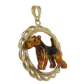 Airedale Terrier in 14K Gold Circle Wave Pendant Custom Enamel