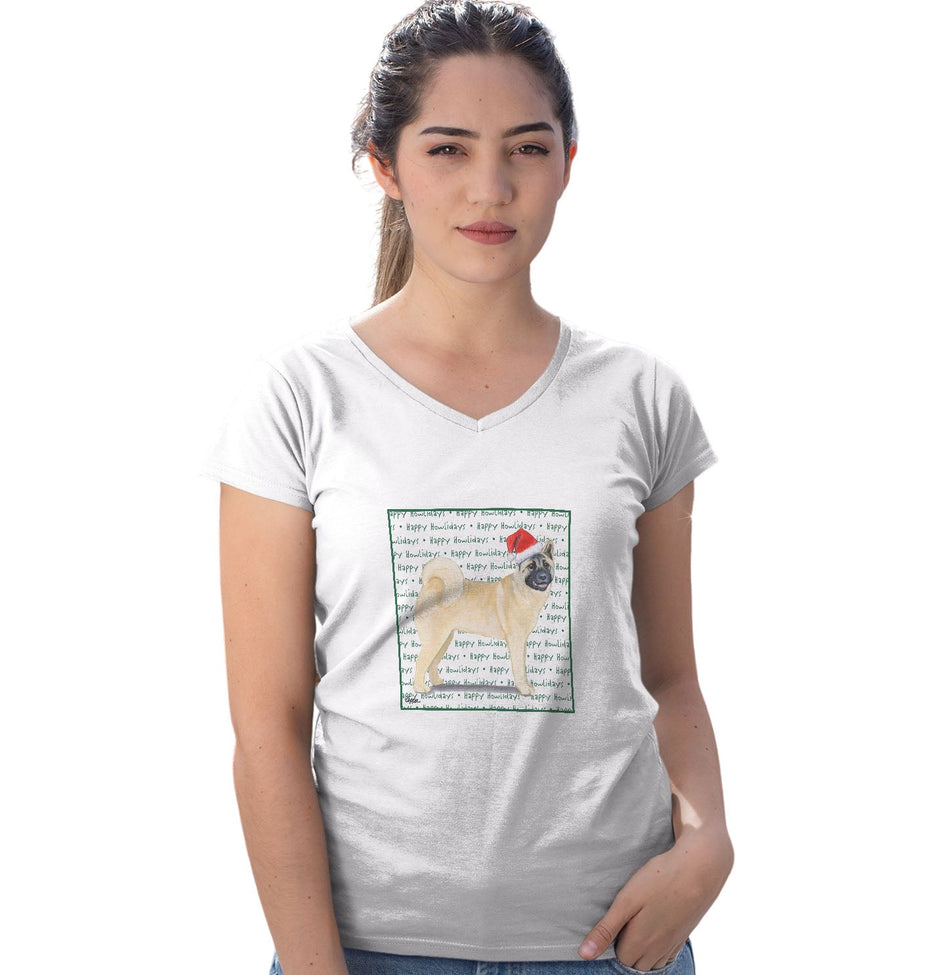 Akita Happy Howlidays Text - Women's V-Neck T-Shirt