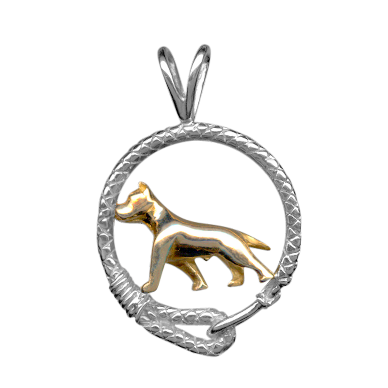 American Staffordshire Terrier Solid 14K Gold in Sterling Silver Leash Pendant
