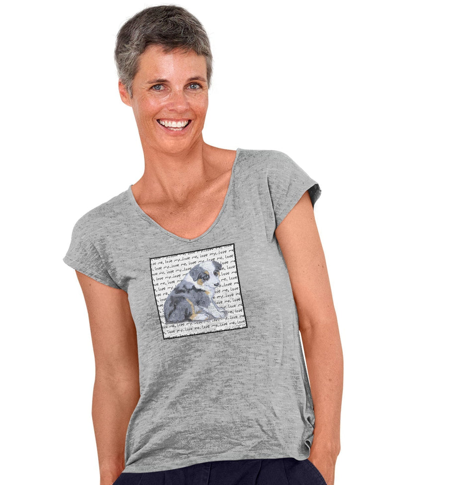 Australian Shepherd Puppy Love Text - Women's V-Neck T-Shirt