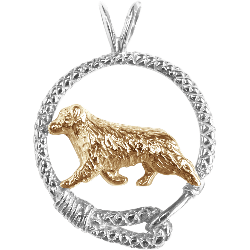 Solid 14K Gold Australian Shepherd in Sterling Silver Leash Pendant