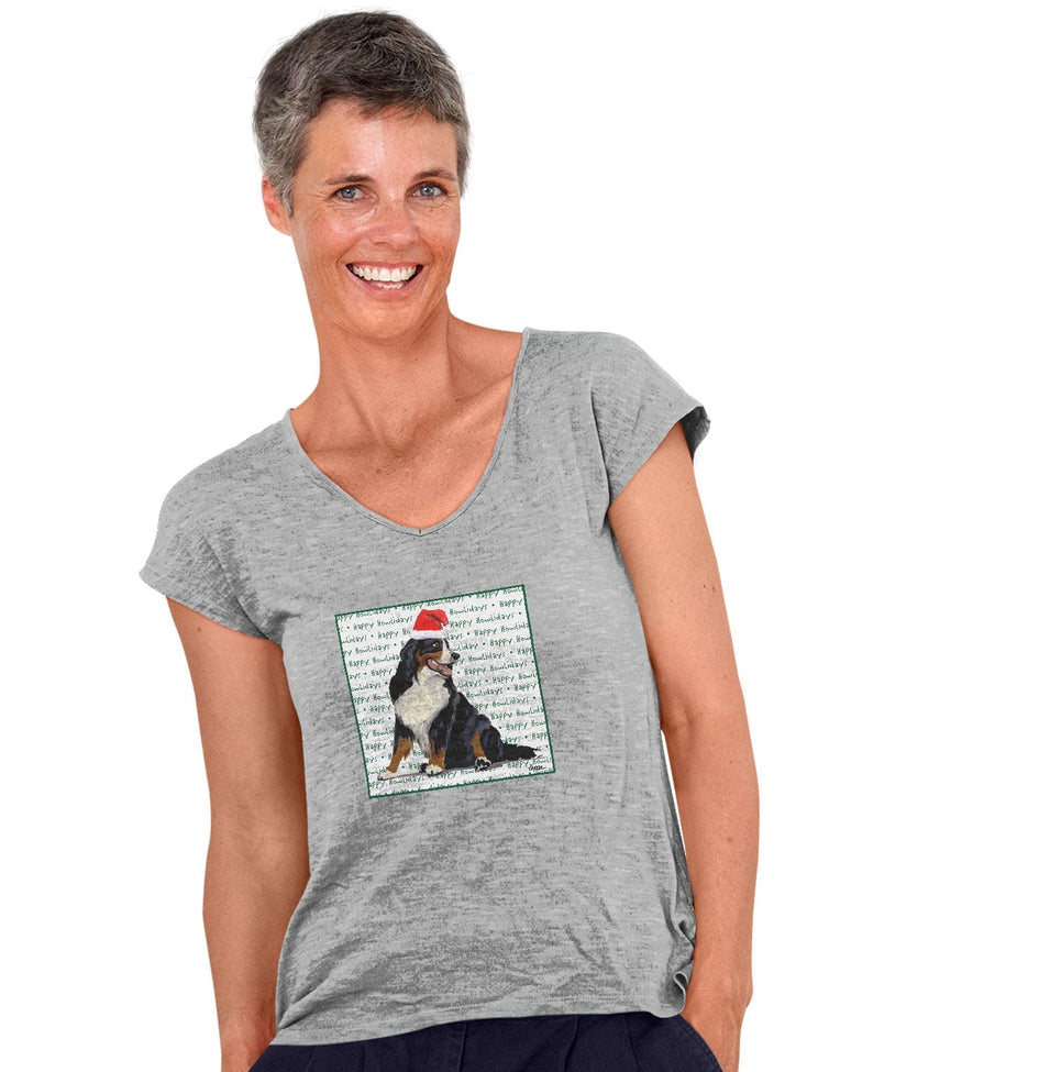 Bernese Mountain Dog Happy Howlidays Text - Women's V-Neck T-Shirt