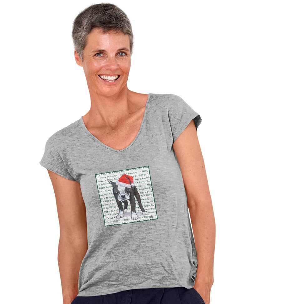 Boston Terrier Puppy Happy Howlidays Text - Women's V-Neck T-Shirt