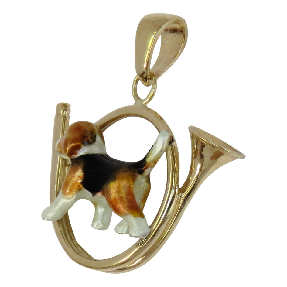 Beagle in 14K Gold Hunting Horn Pendant Custom Enamel