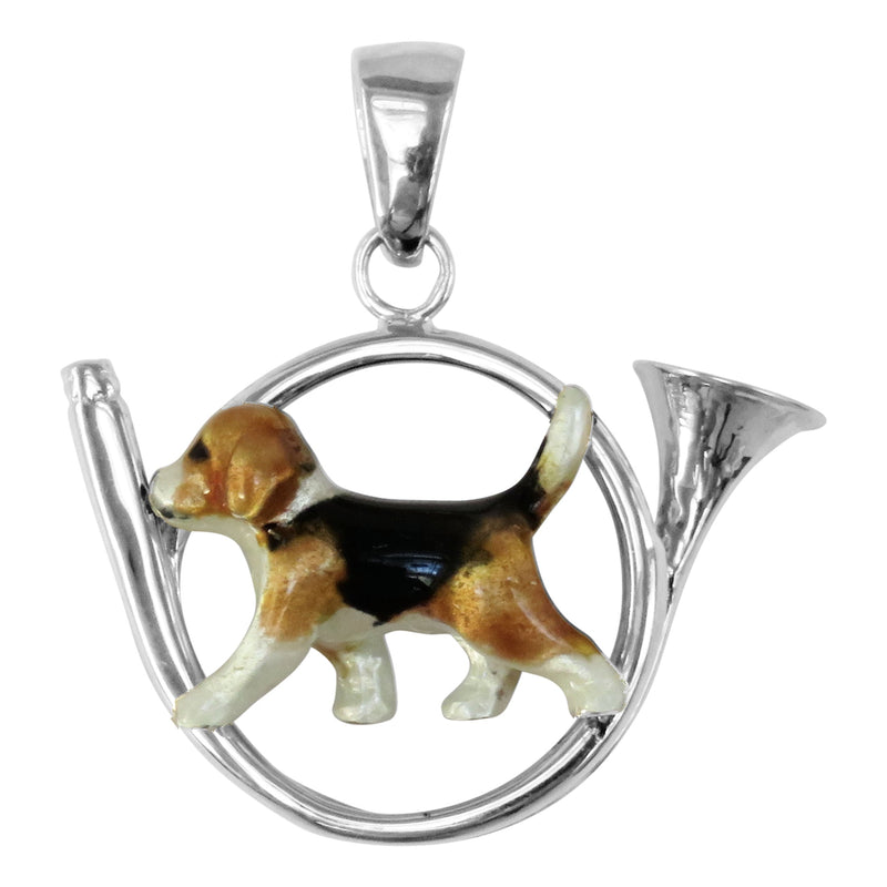 Beagle in Sterling Silver Hunting Horn Pendant Custom Enamel