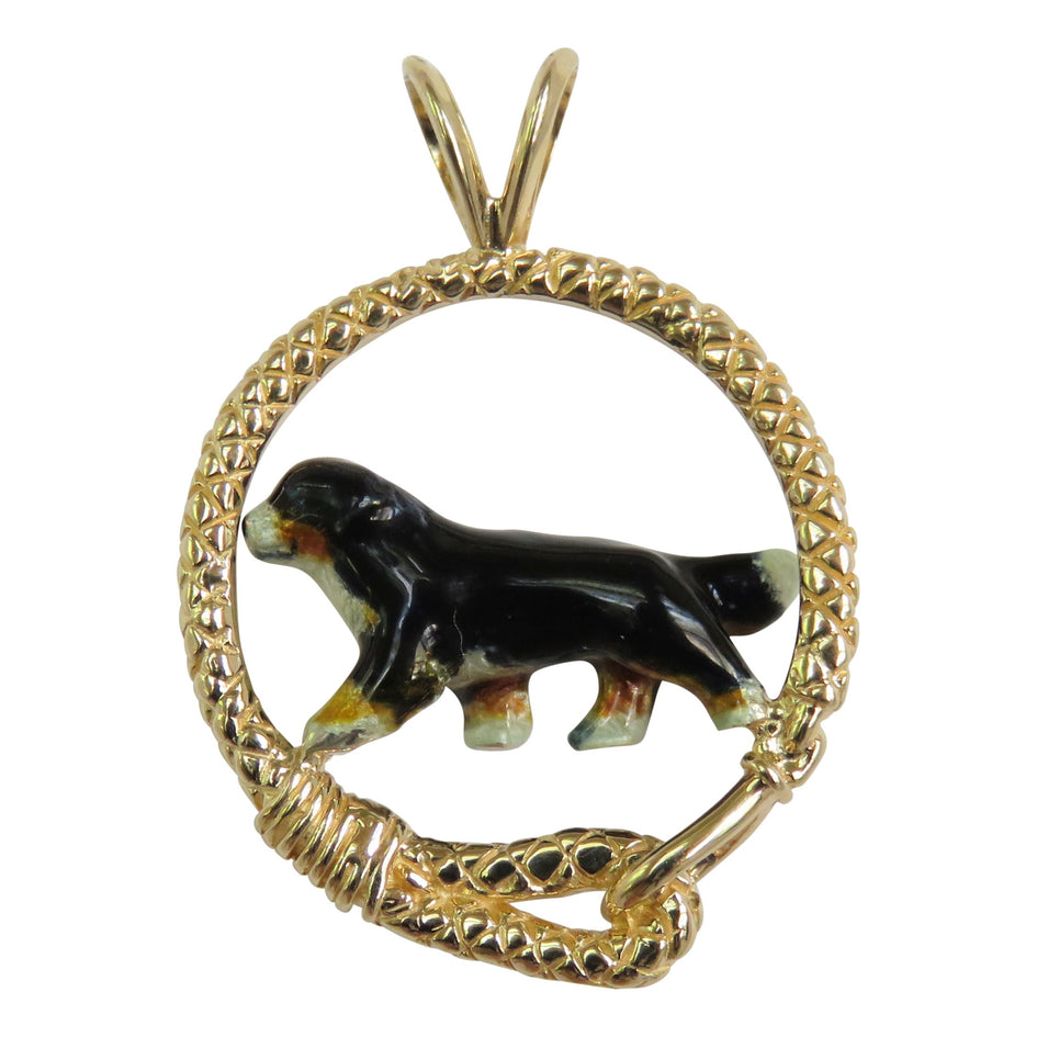 Bernese Mountain Dog in 14K Gold Leash Pendant Custom Enamel