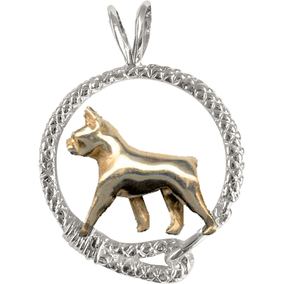 Solid 14K Gold Boston Terrier in Sterling Silver Leash Pendant