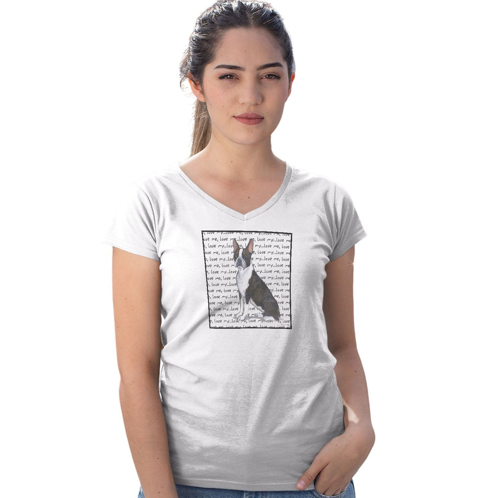 Boston Terrier Puppy Love Text - Women's V-Neck T-Shirt