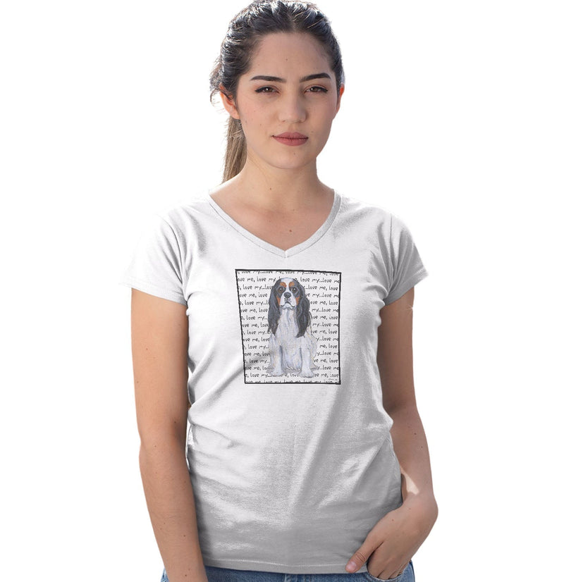 Tri-Color Cavalier King Charles Spaniel Love Text - Women's V-Neck T-Shirt