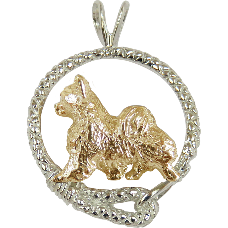 Chihuahua (Long Coat) in  Solid 14K Gold and Sterling Silver Leash Pendant