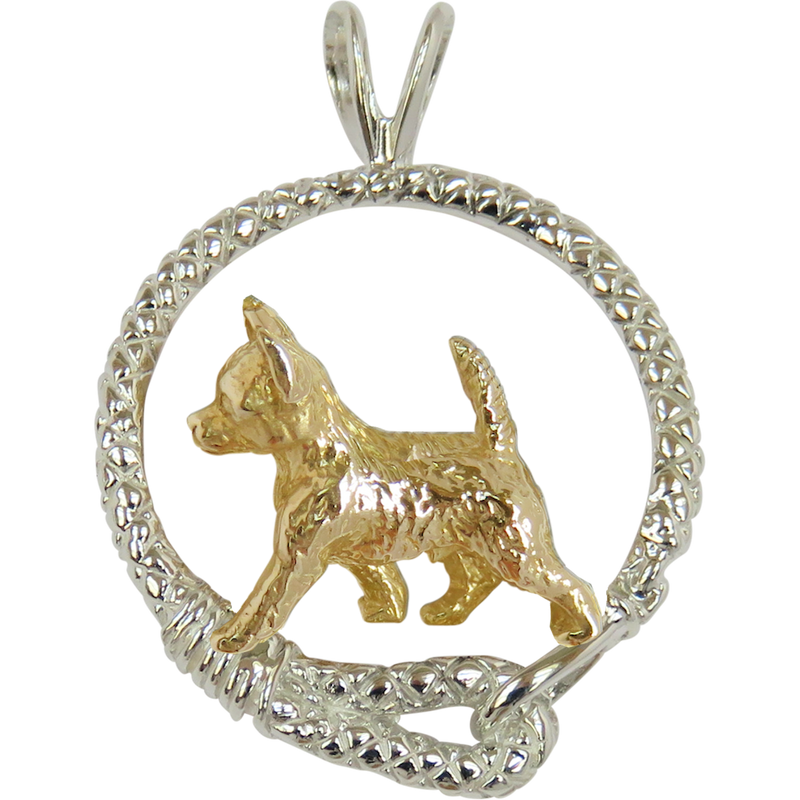 Solid 14K Gold Smooth Coat Chihuahua in Sterling Silver Leash Pendant