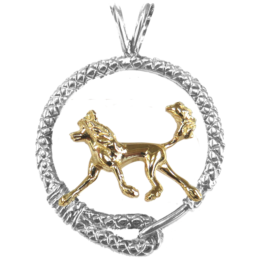 Solid 14K Gold Chinese Crested Dog in Sterling Silver Leash Pendant