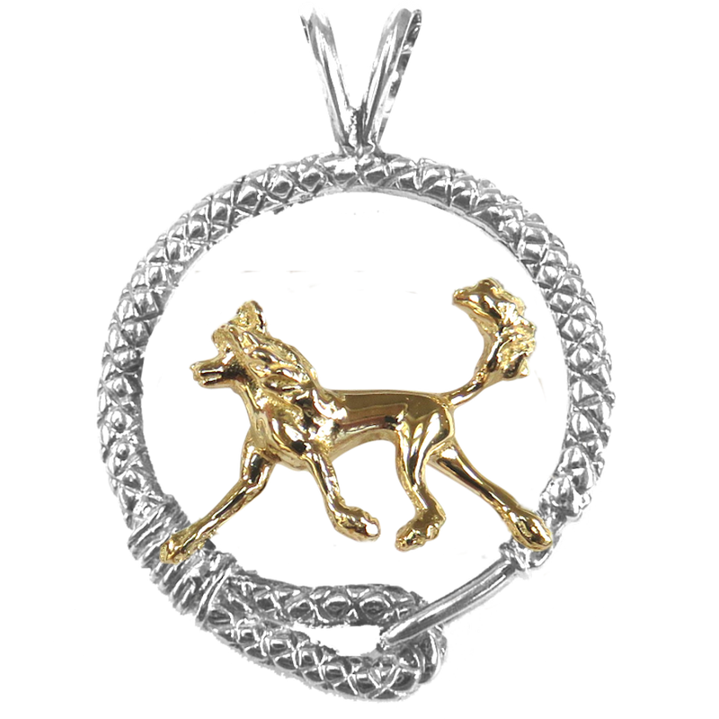 Solid 14K Gold Chinese Crested Dog in Sterling Silver Leash Pendant