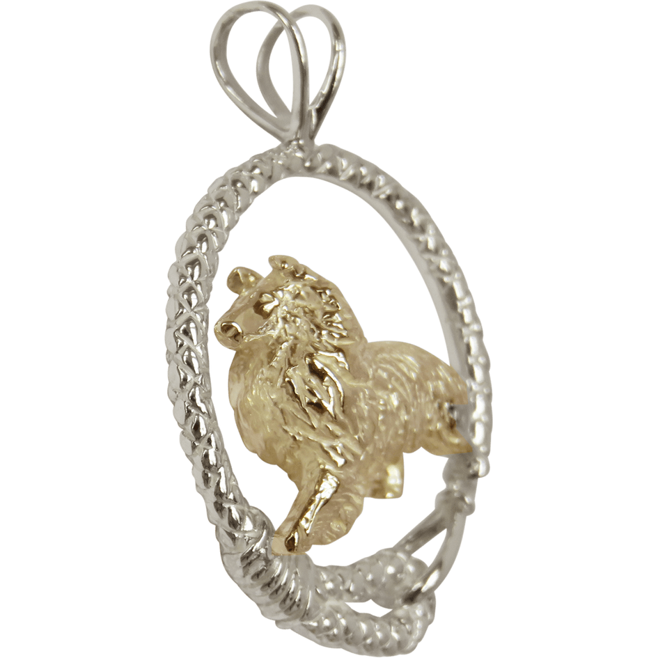 Solid 14K Gold Rough Coat Collie in Sterling Silver Leash Pendant