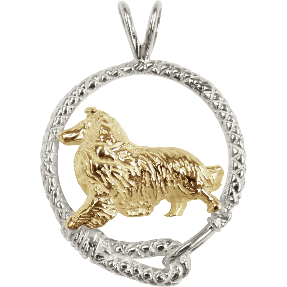 Solid 14K Gold Rough Coat Collie in Sterling Silver Leash Pendant