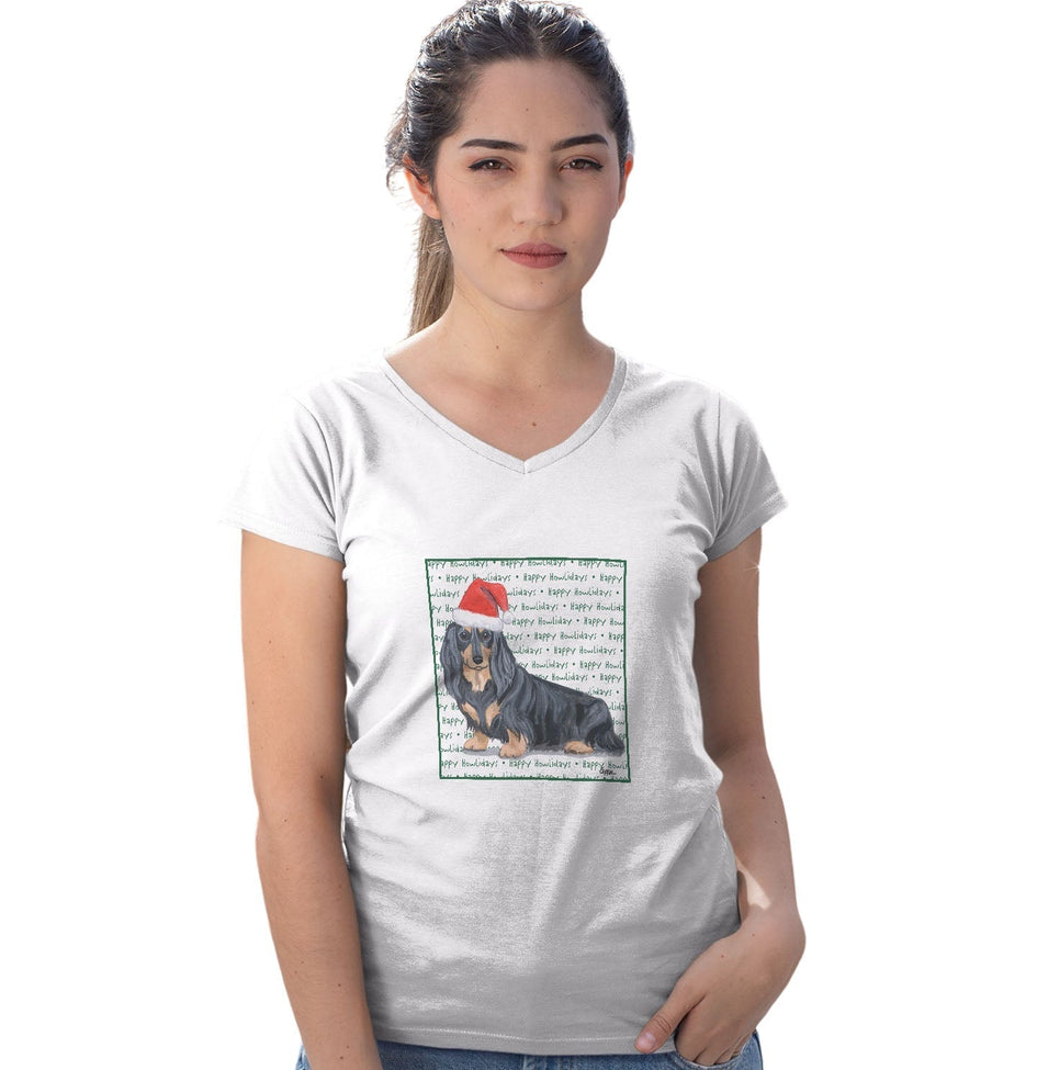 Dachshund (Black Longhaired) Happy Howlidays Text - Women's V-Neck T-Shirt