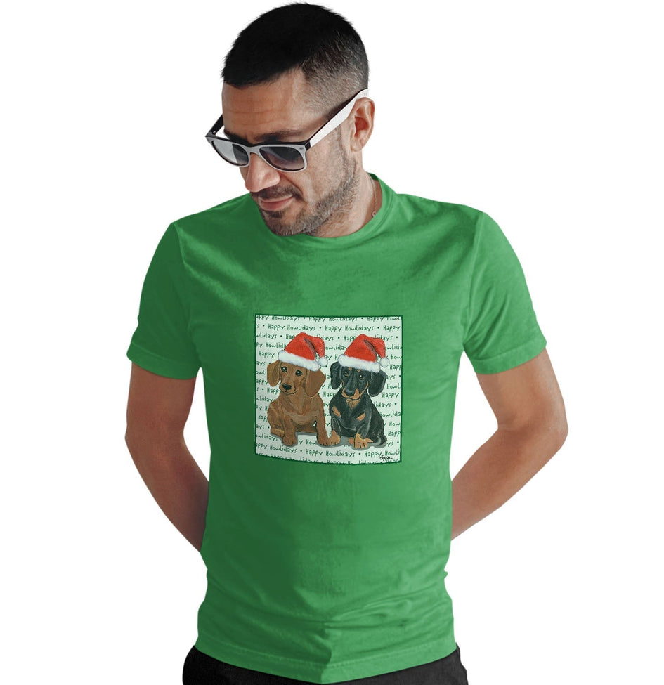 Dachshund (Pair) Happy Howlidays Text - Adult Unisex T-Shirt