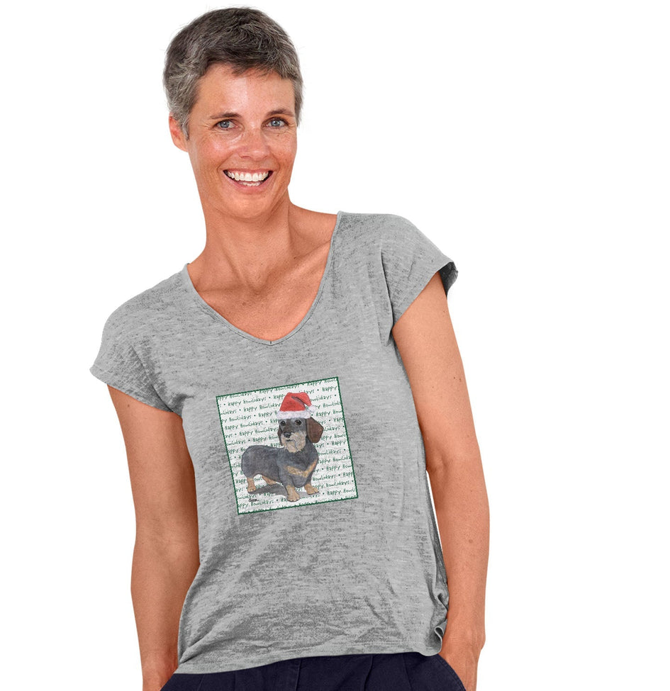Dachshund (Wire Haired) Happy Howlidays Text - Women's V-Neck T-Shirt