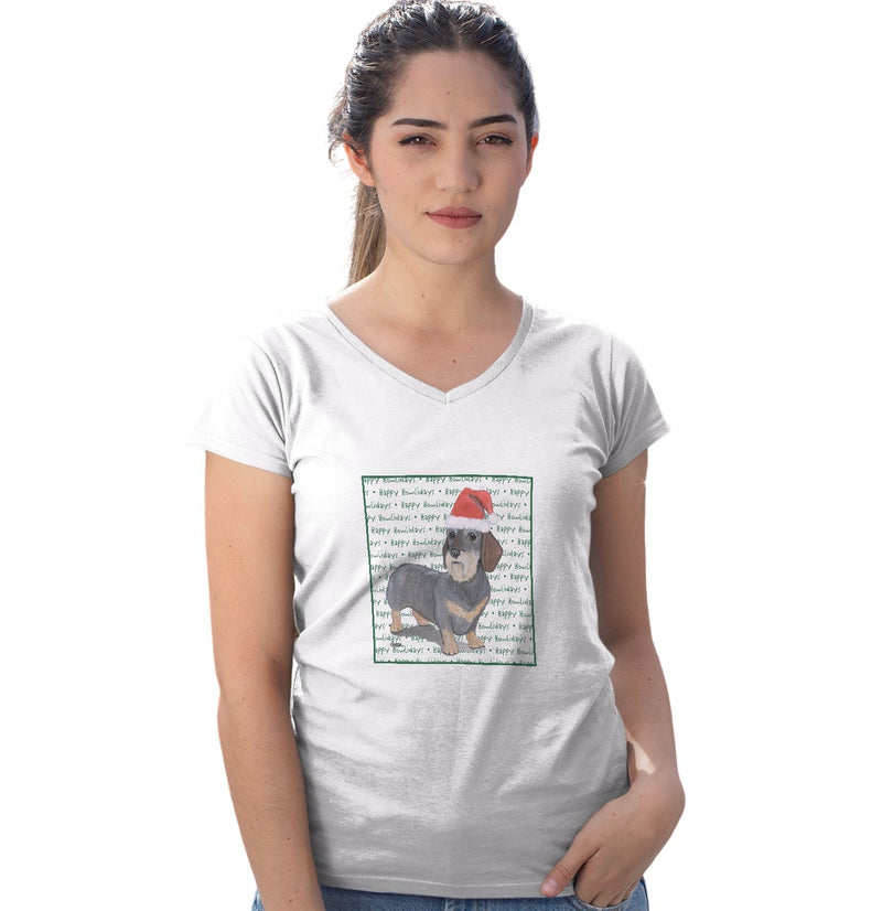 Dachshund (Wire Haired) Happy Howlidays Text - Women's V-Neck T-Shirt