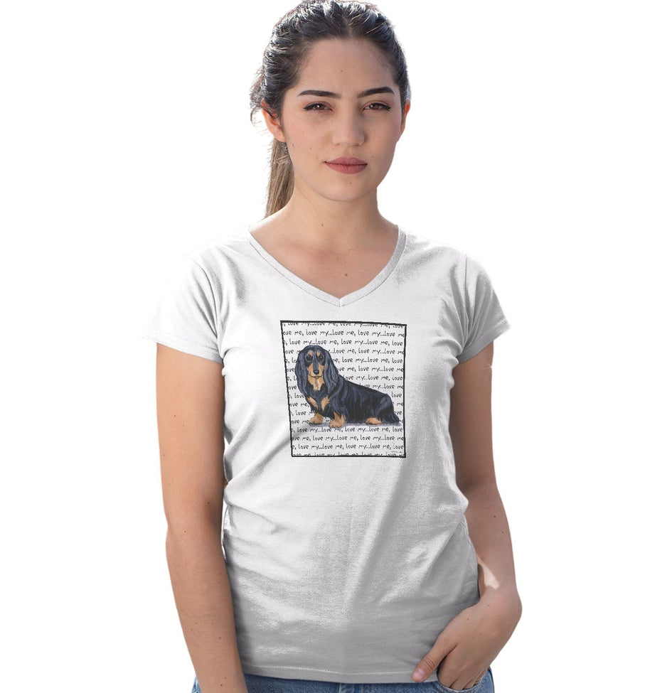 Black Longhaired Dachshund Love Text - Women's V-Neck T-Shirt