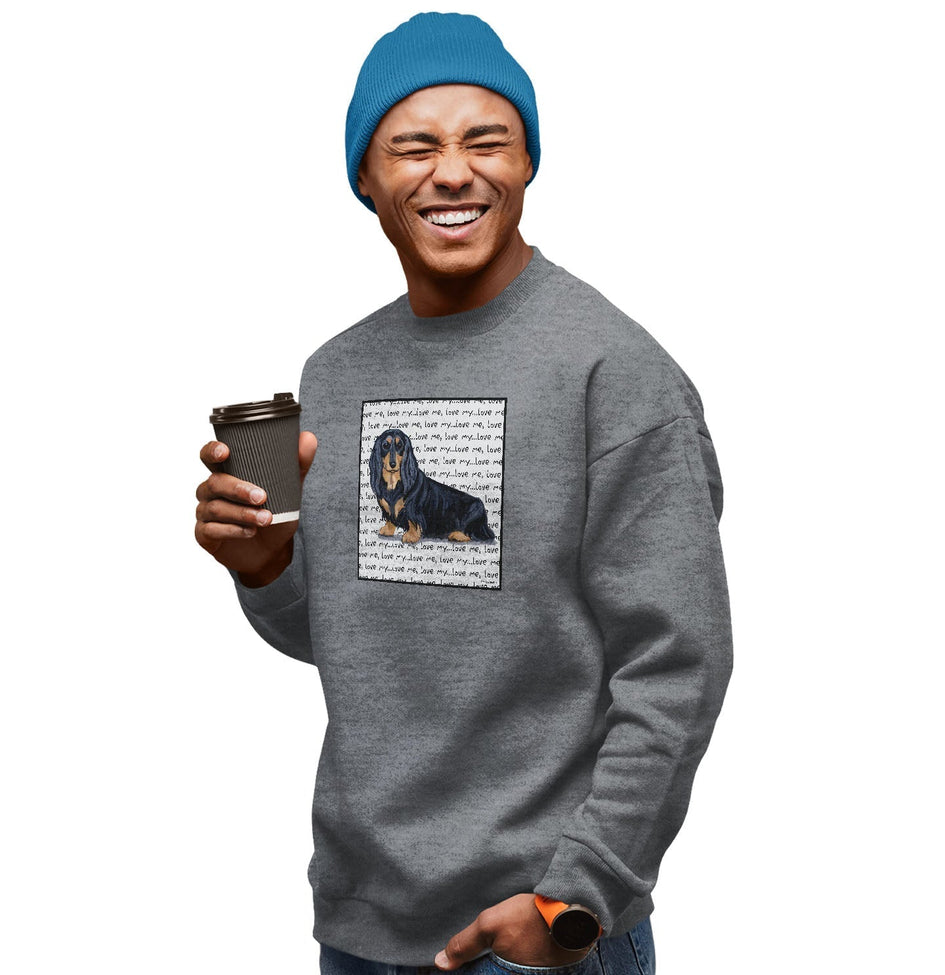 Black Longhaired Dachshund Love Text - Adult Unisex Crewneck Sweatshirt