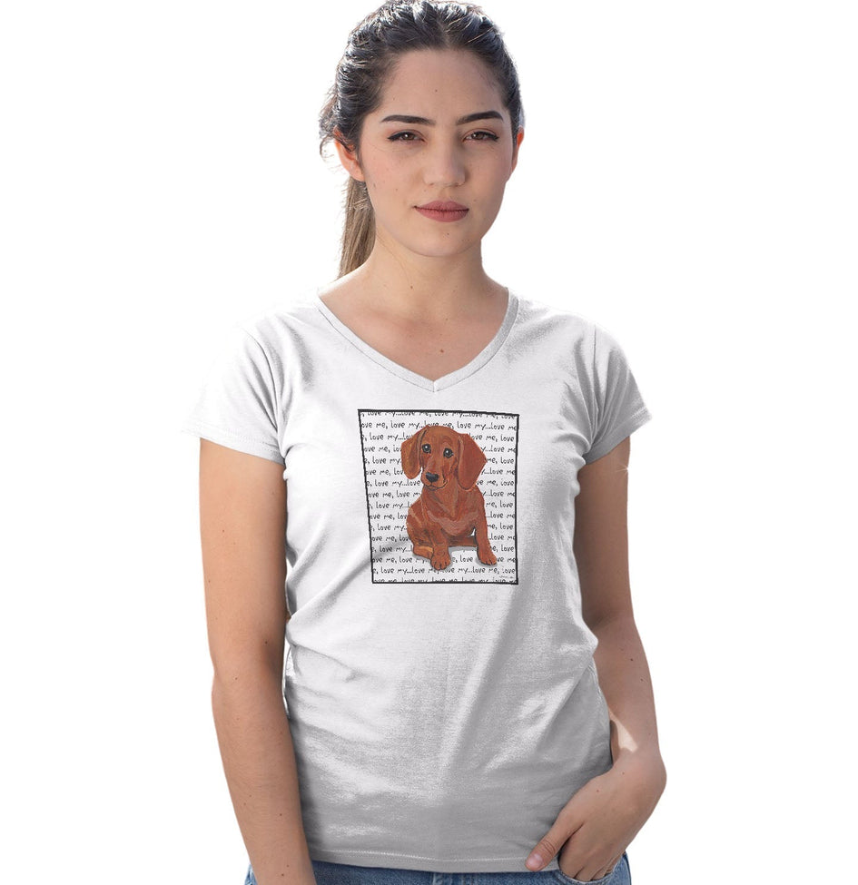 Red Dachshund Love Text - Women's V-Neck T-Shirt