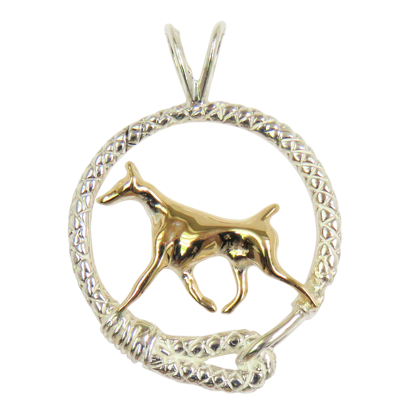 Doberman Pinscher in Solid 14K Gold and Sterling Silver Leash Pendant