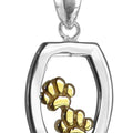 Solid 14K Gold Double Dog Paw in Sterling Silver Frame Pendant