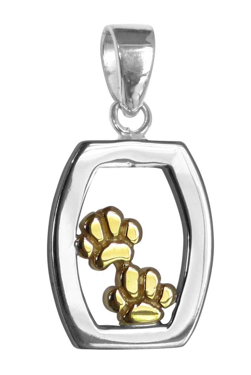 Solid 14K Gold Double Dog Paw in Sterling Silver Frame Pendant