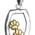 Solid 14K Gold Double Dog Paw in Sterling Silver Frame Pendant