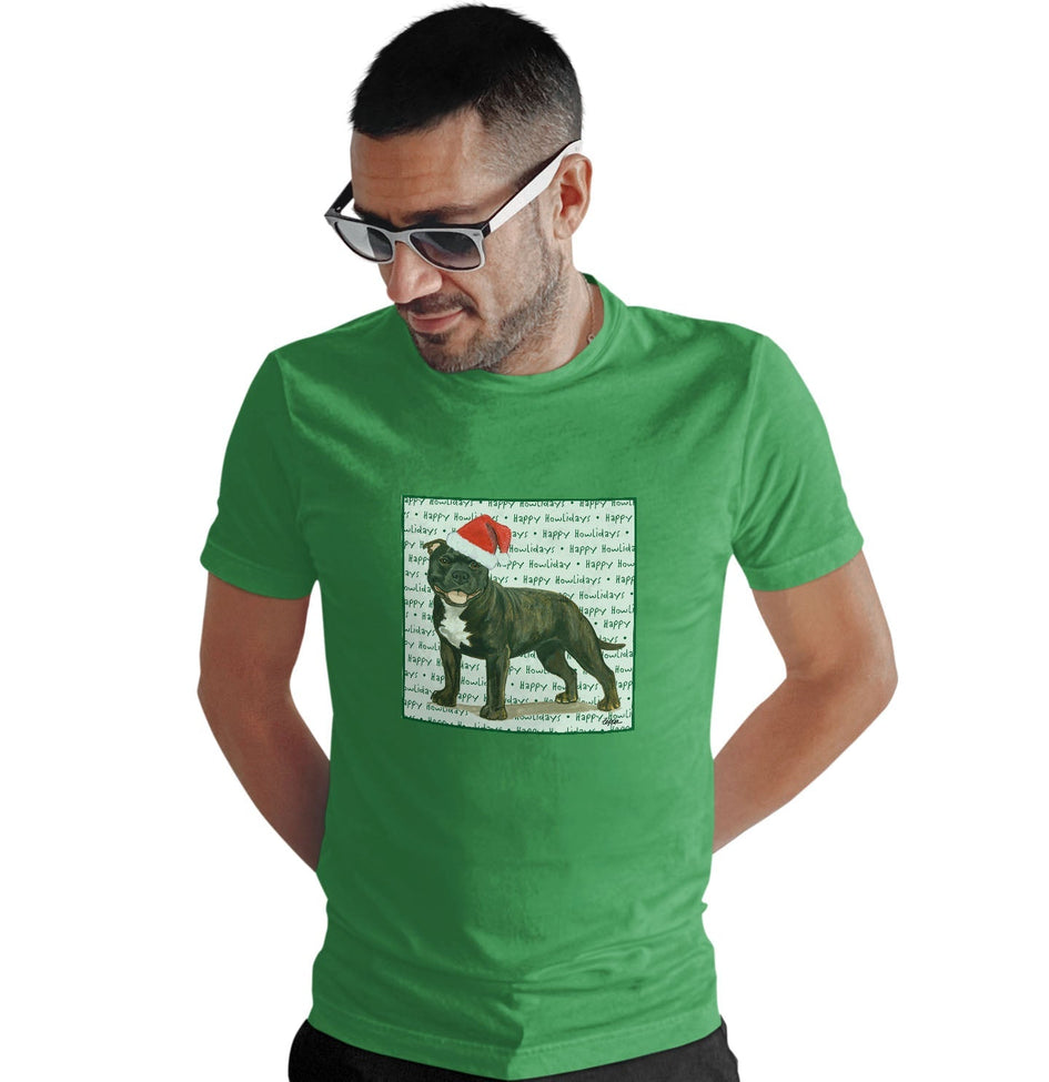 American Staffordshire Terrier (Brindle) Happy Howlidays Text - Adult Unisex T-Shirt