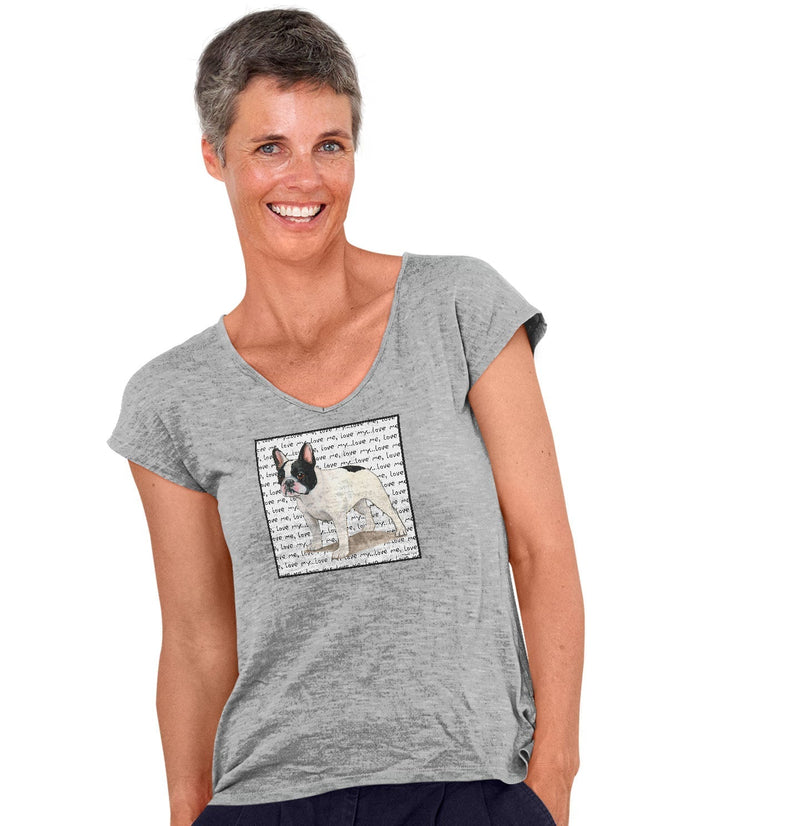Black & White French Bulldog Love Text - Women's V-Neck T-Shirt