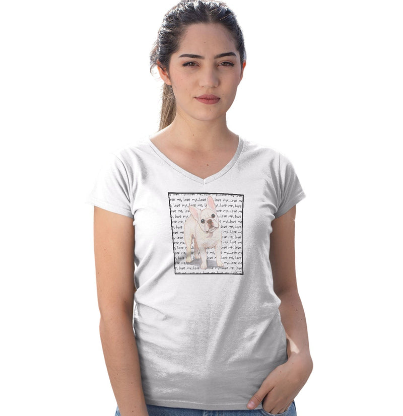 Cream French Bulldog Love Text - Women's V-Neck T-Shirt