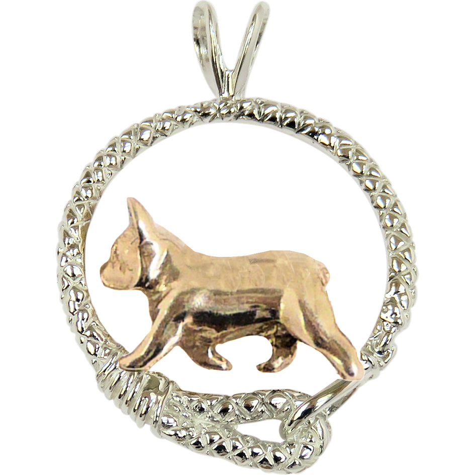 Solid 14K Gold French Bulldog in Sterling Silver Leash Pendant